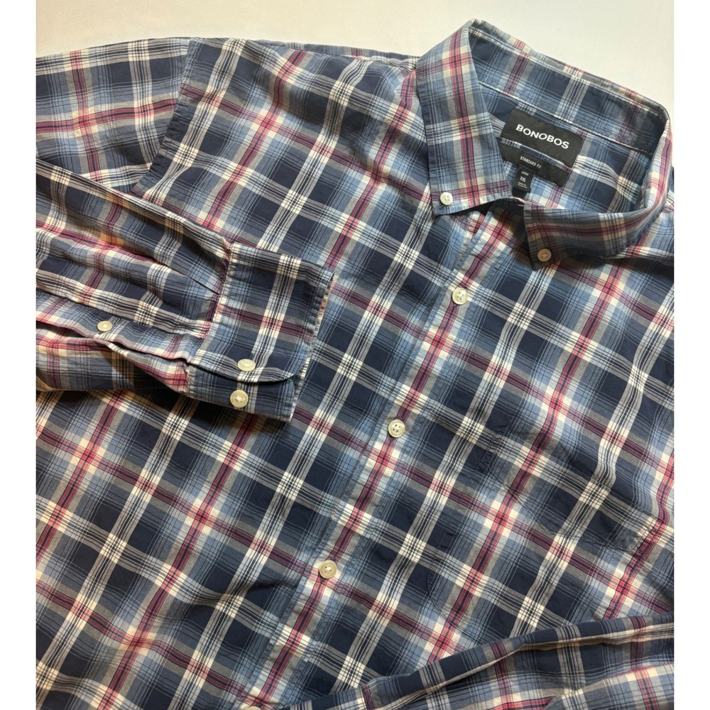 Bonobos Plaid Button Down Mens XXL Long Blue Red Standard Fit Cotton Shirt
